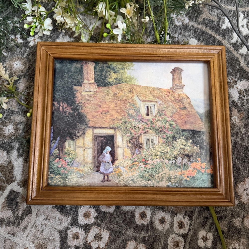 Framed Cottage Garden Print in Warm Wood Frame - Floral Scene